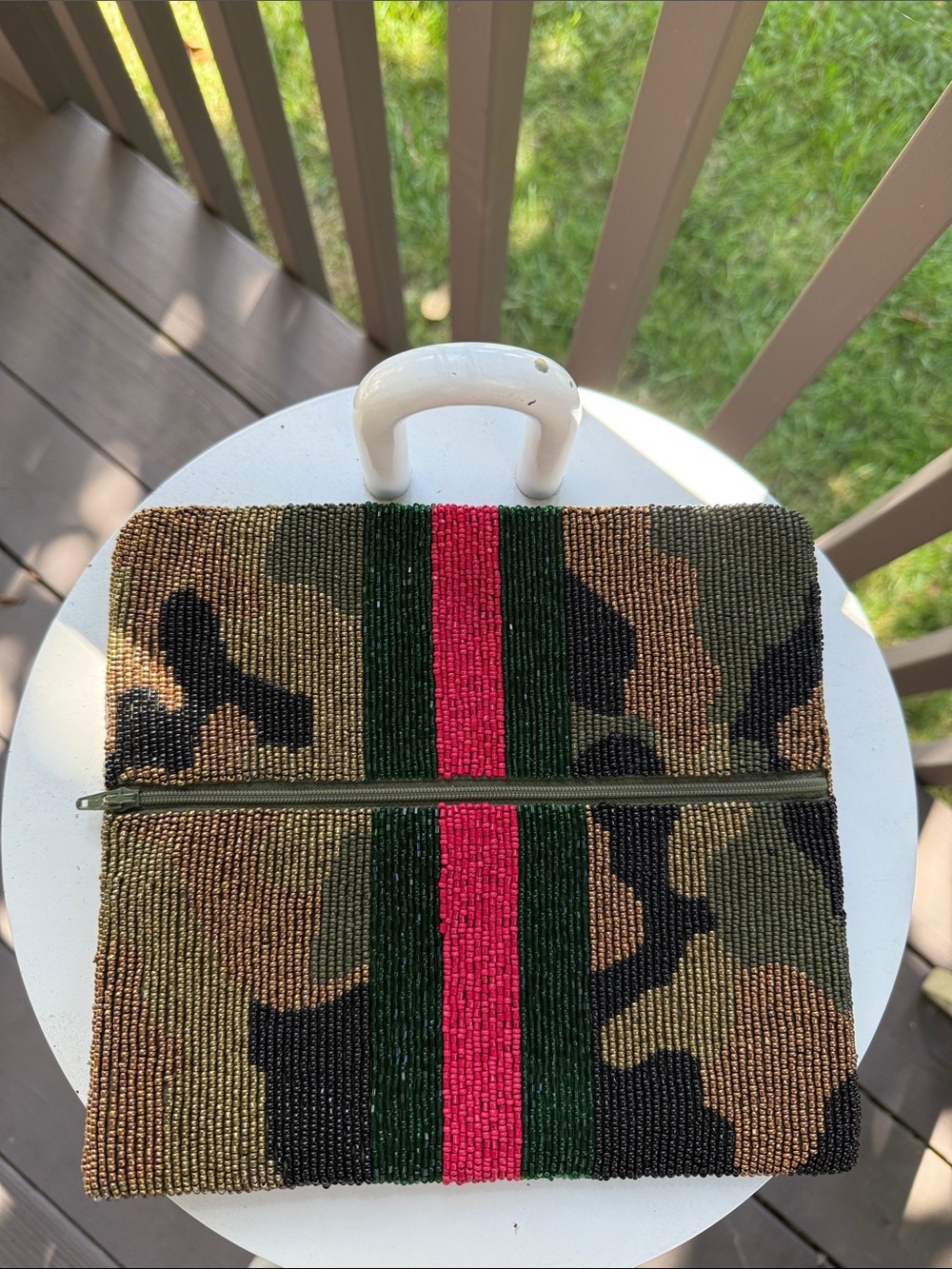 Moyna Beaded Camouflage Wristlet with Green and Red Center Stripe